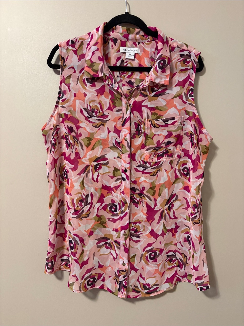 Liz Claiborne Pink Floral Sleeveless Sheer Button-Front Blouse